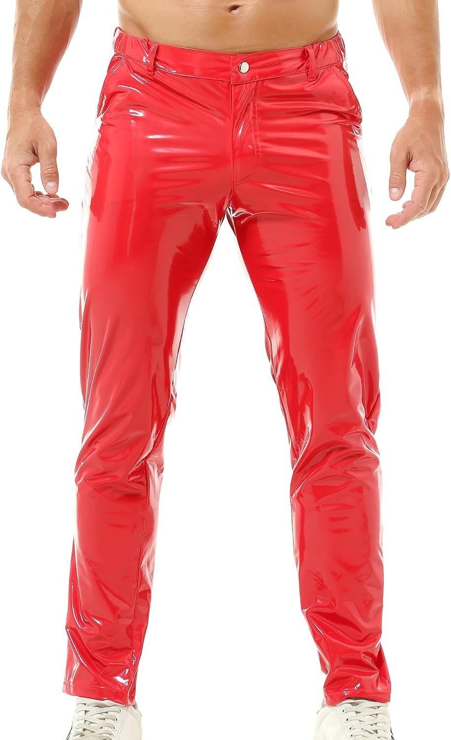 image:imageQiaTi Mens Faux Leather Pants Casual Stretch PU Leather Straight Leg Slim Fit Trousers Motorcycle Club Long Pant for Men2red