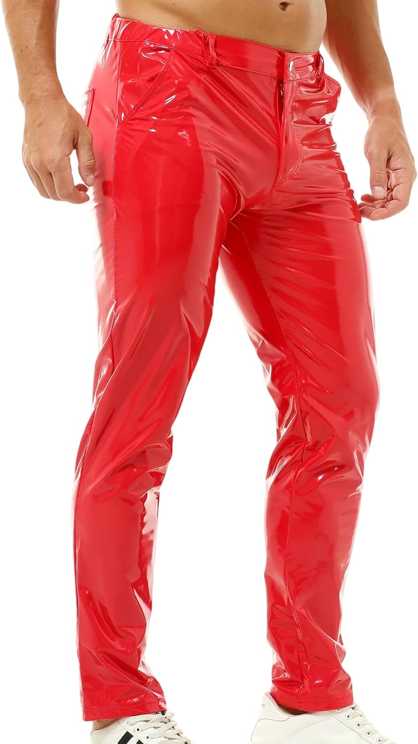 image:imageQiaTi Mens Faux Leather Pants Casual Stretch PU Leather Straight Leg Slim Fit Trousers Motorcycle Club Long Pant for Men2red