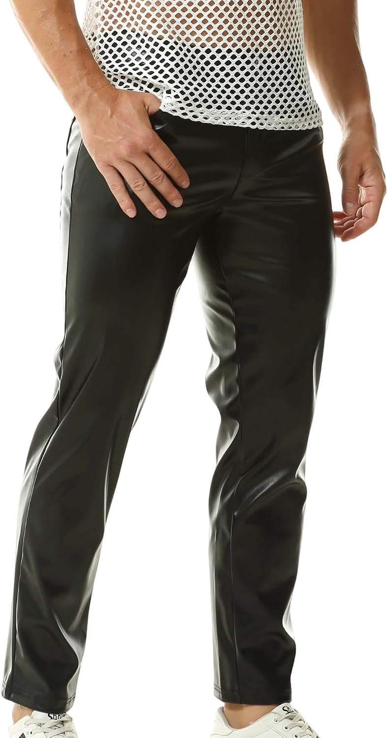 image:imageQiaTi Mens Faux Leather Pants Casual Stretch PU Leather Straight Leg Slim Fit Trousers Motorcycle Club Long Pant for Men3black