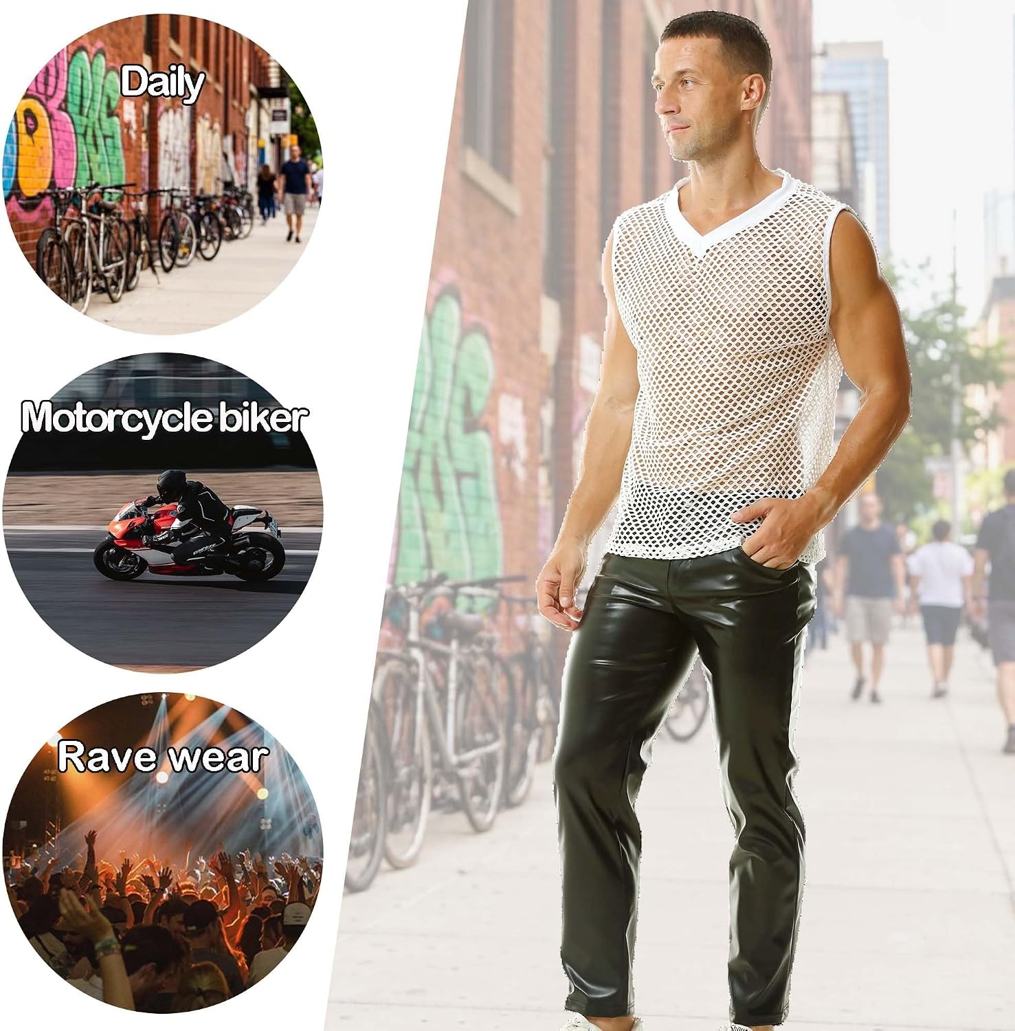 image:imageQiaTi Mens Faux Leather Pants Casual Stretch PU Leather Straight Leg Slim Fit Trousers Motorcycle Club Long Pant for Men3black
