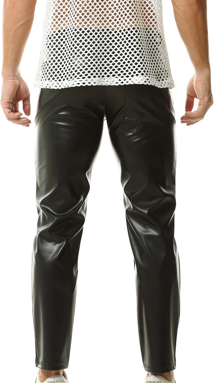 image:imageQiaTi Mens Faux Leather Pants Casual Stretch PU Leather Straight Leg Slim Fit Trousers Motorcycle Club Long Pant for Men3black