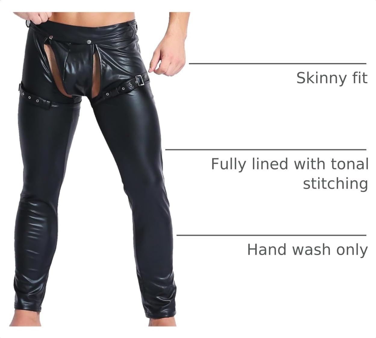 image:imageQiaTi Mens Skinny Pants Faux Leather Open Crotch Trousers Long Pant with Bulge Pouch for Men ClubAblack