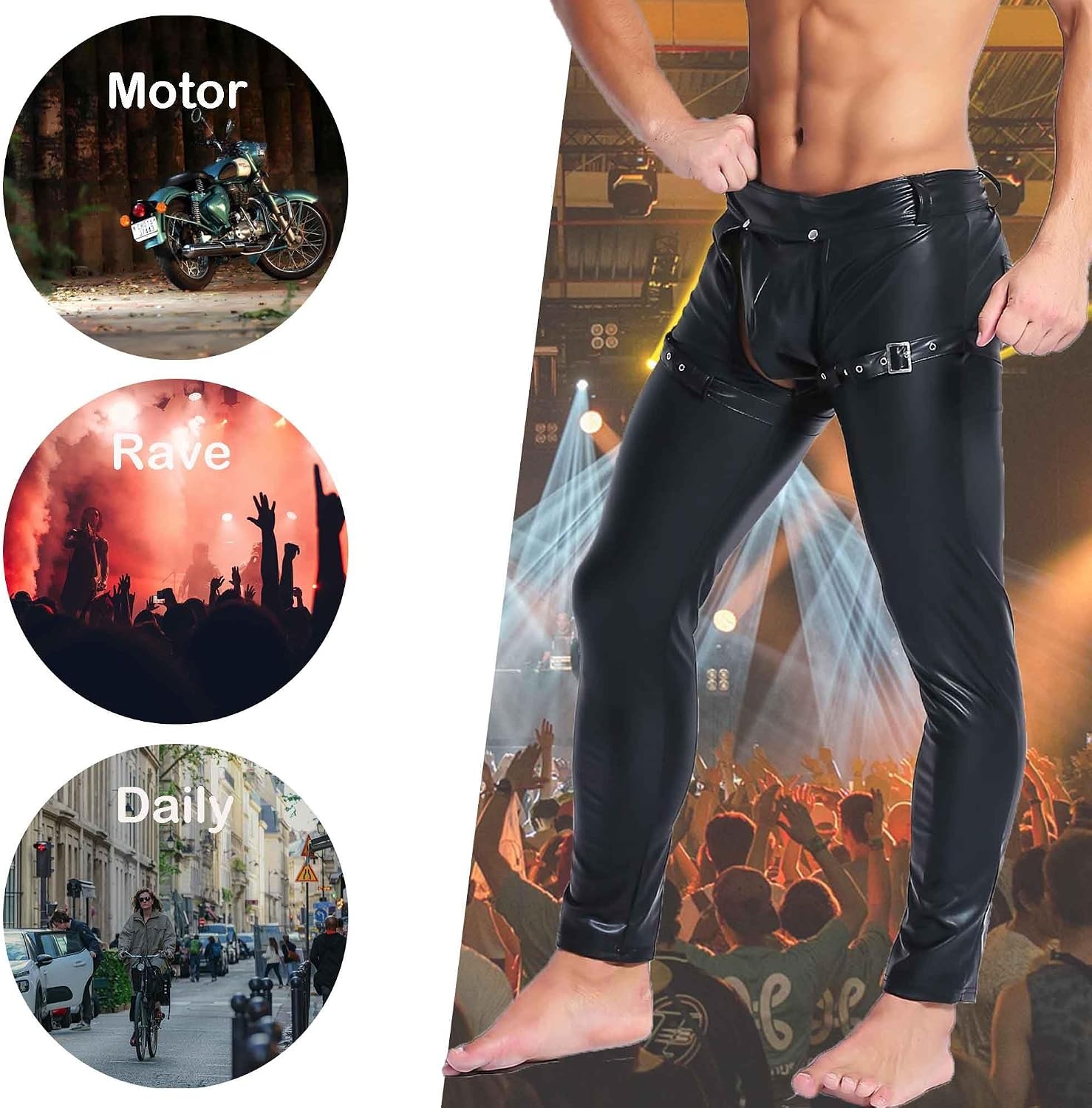 image:imageQiaTi Mens Skinny Pants Faux Leather Open Crotch Trousers Long Pant with Bulge Pouch for Men ClubAblack