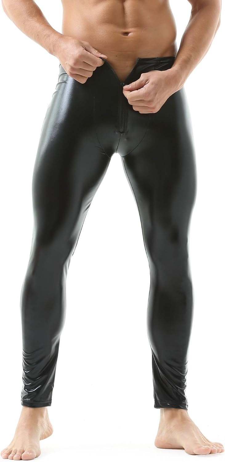 image:imageQiaTi Mens Skinny Pants Faux Leather Open Crotch Trousers Long Pant with Bulge Pouch for Men ClubBblack