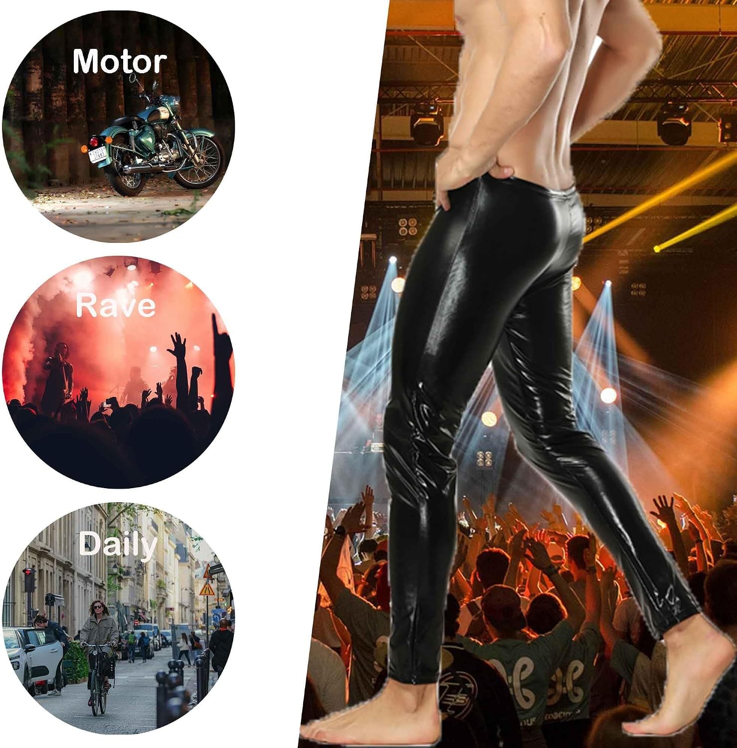image:imageQiaTi Mens Skinny Pants Faux Leather Open Crotch Trousers Long Pant with Bulge Pouch for Men ClubBblack