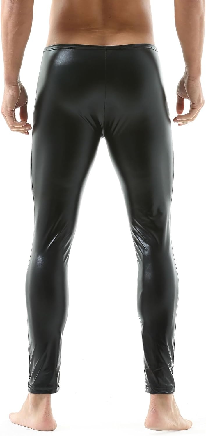 image:imageQiaTi Mens Skinny Pants Faux Leather Open Crotch Trousers Long Pant with Bulge Pouch for Men ClubBblack