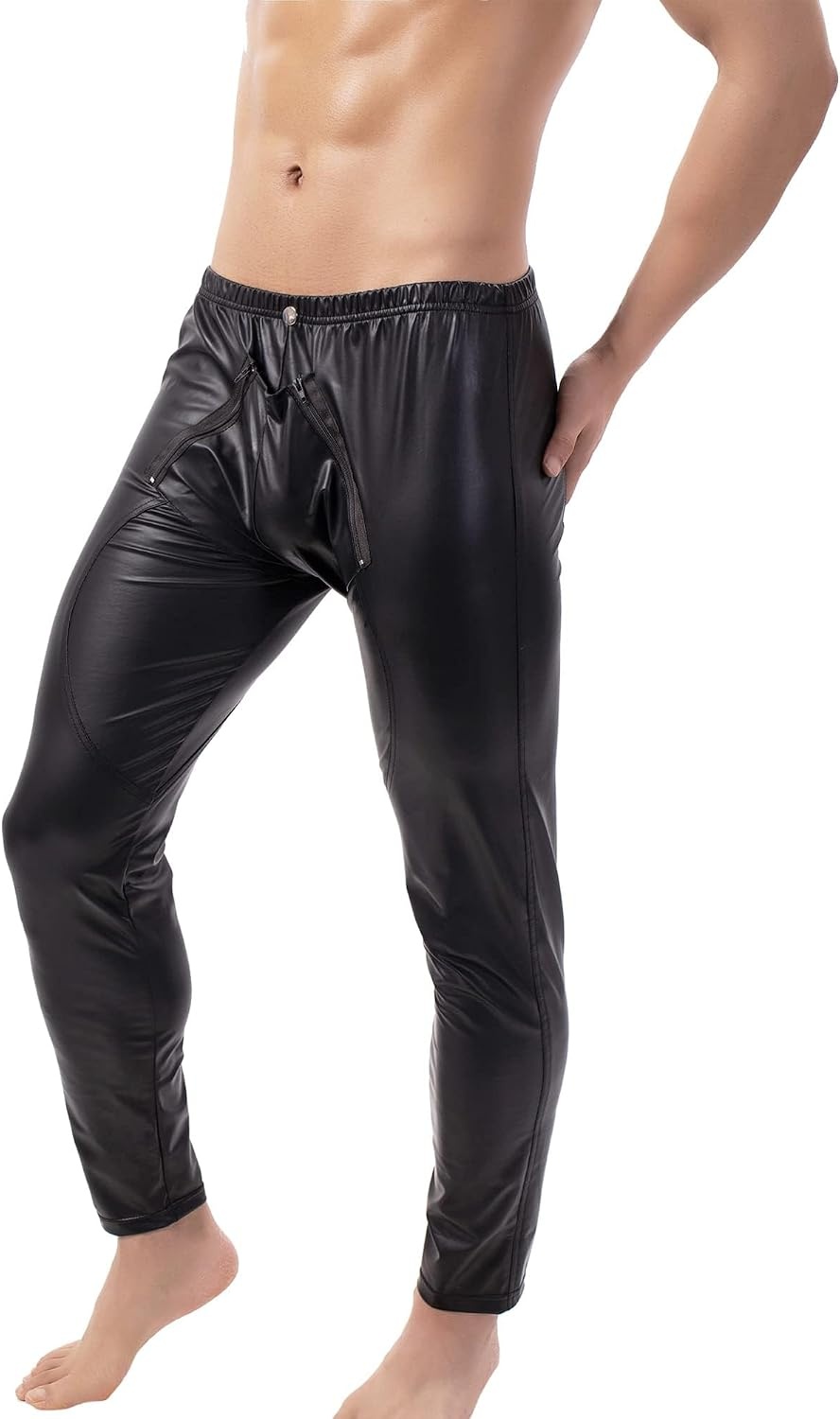 image:imageQiaTi Mens Skinny Pants Faux Leather Open Crotch Trousers Long Pant with Bulge Pouch for Men ClubCblack
