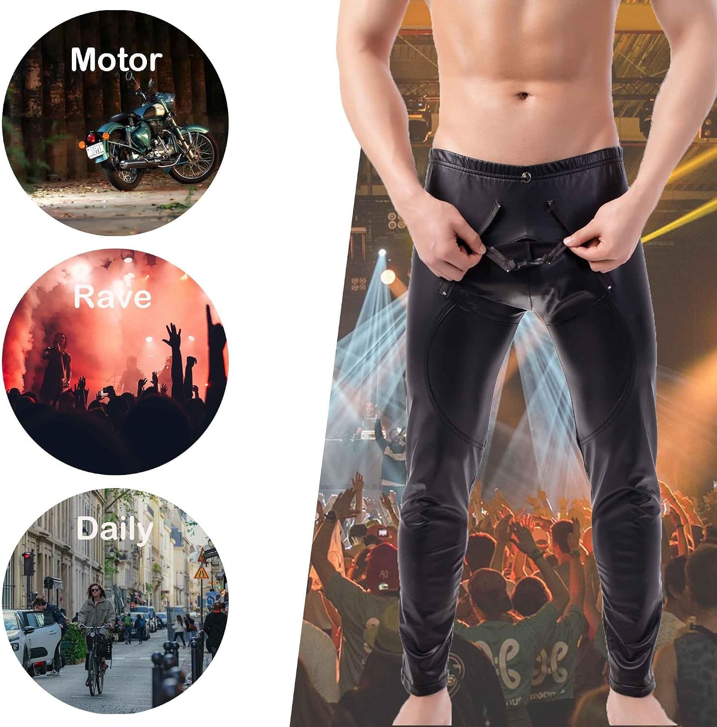 image:imageQiaTi Mens Skinny Pants Faux Leather Open Crotch Trousers Long Pant with Bulge Pouch for Men ClubCblack