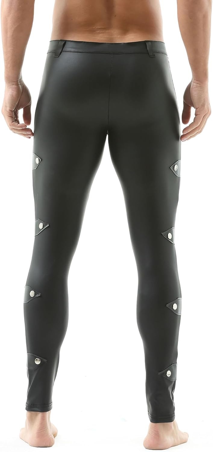 image:imageQiaTi Mens Skinny Pants Faux Leather Open Crotch Trousers Long Pant with Bulge Pouch for Men ClubDblack