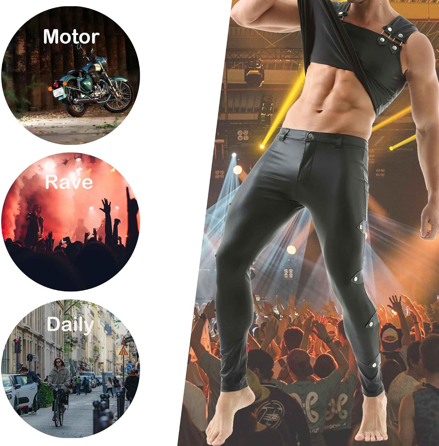 image:imageQiaTi Mens Skinny Pants Faux Leather Open Crotch Trousers Long Pant with Bulge Pouch for Men ClubDblack