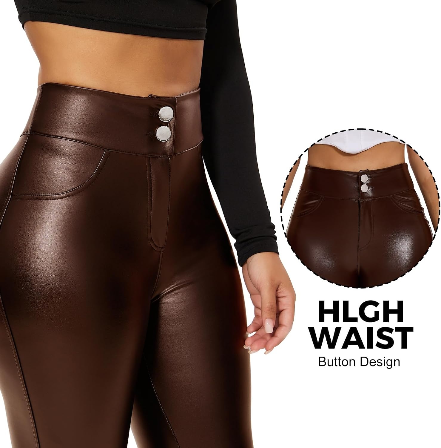 image:imageRIOJOY Women Faux Leather Leggings Sexy PU Leather PantsButtonbrown