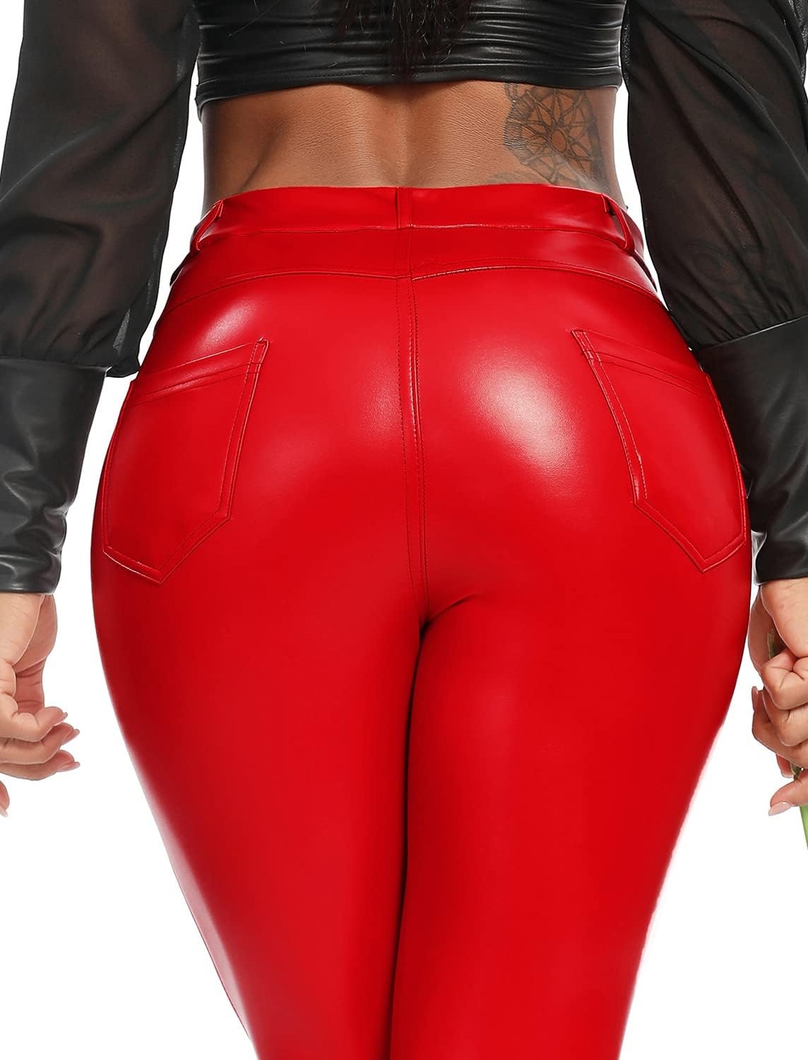 image:imageRIOJOY Women Faux Leather Leggings Sexy PU Leather PantsRedFleece