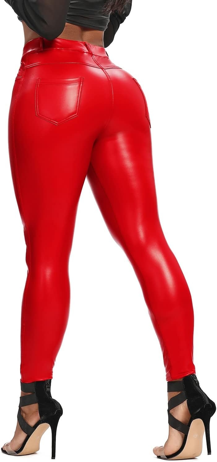 image:imageRIOJOY Women Faux Leather Leggings Sexy PU Leather PantsRedFleece