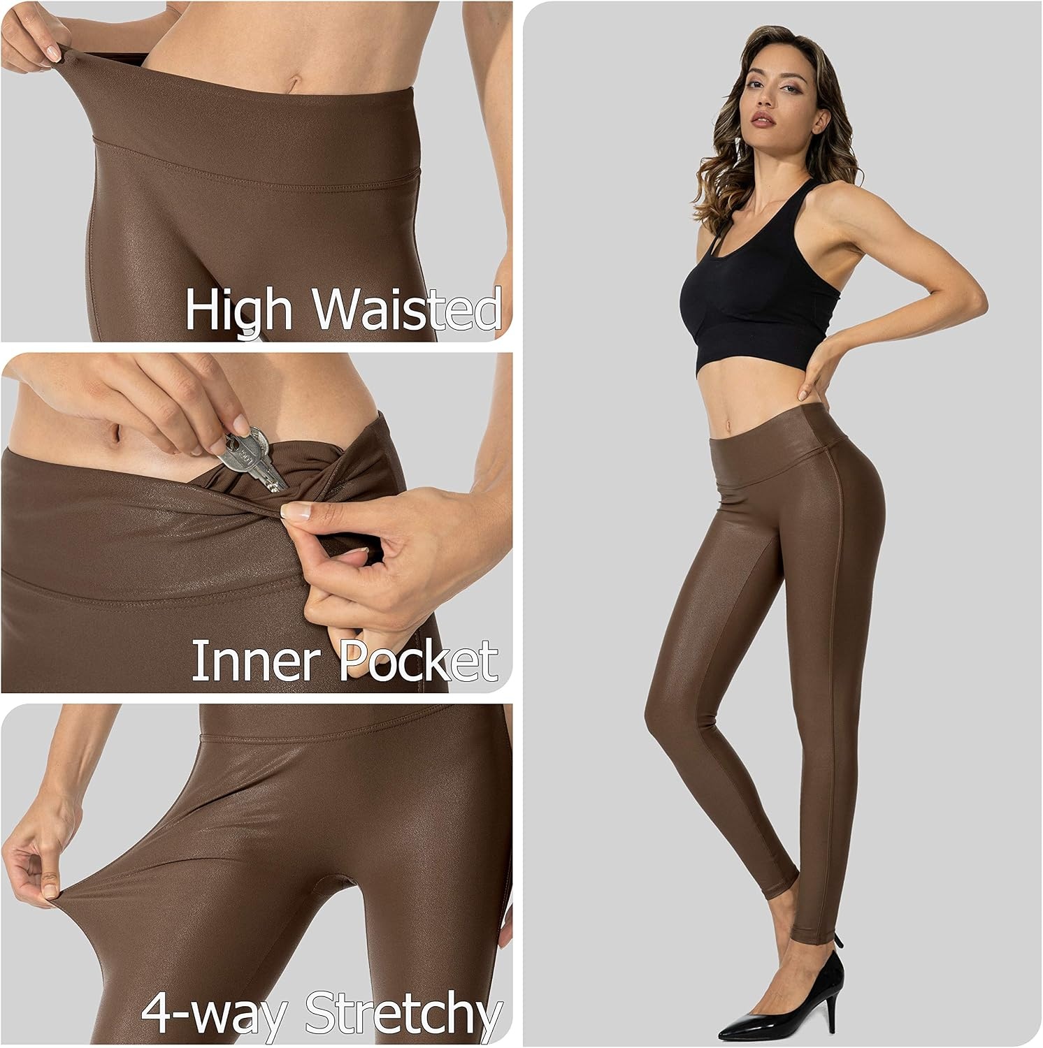 image:imageSANTINY Womens 25527 Faux Leather LeggingsBrown