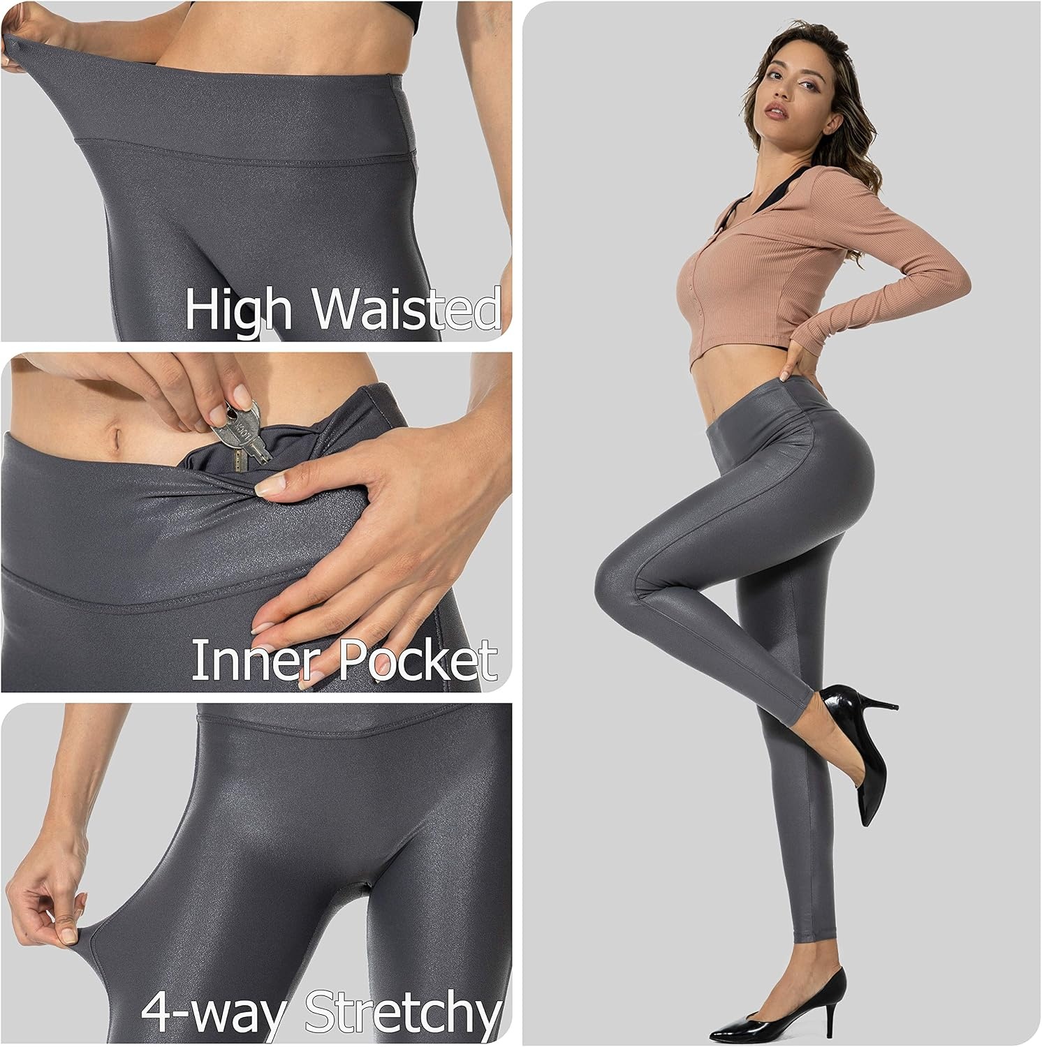image:imageSANTINY Womens 25527 Faux Leather LeggingsDark Grey