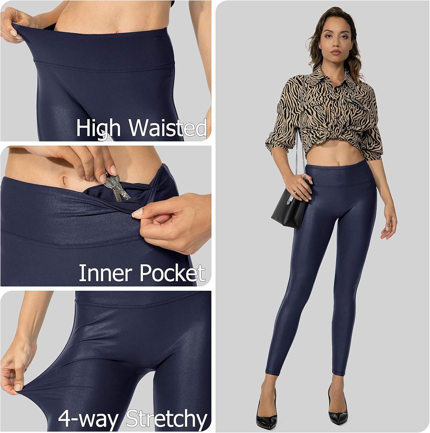 image:imageSANTINY Womens 25527 Faux Leather LeggingsNavy