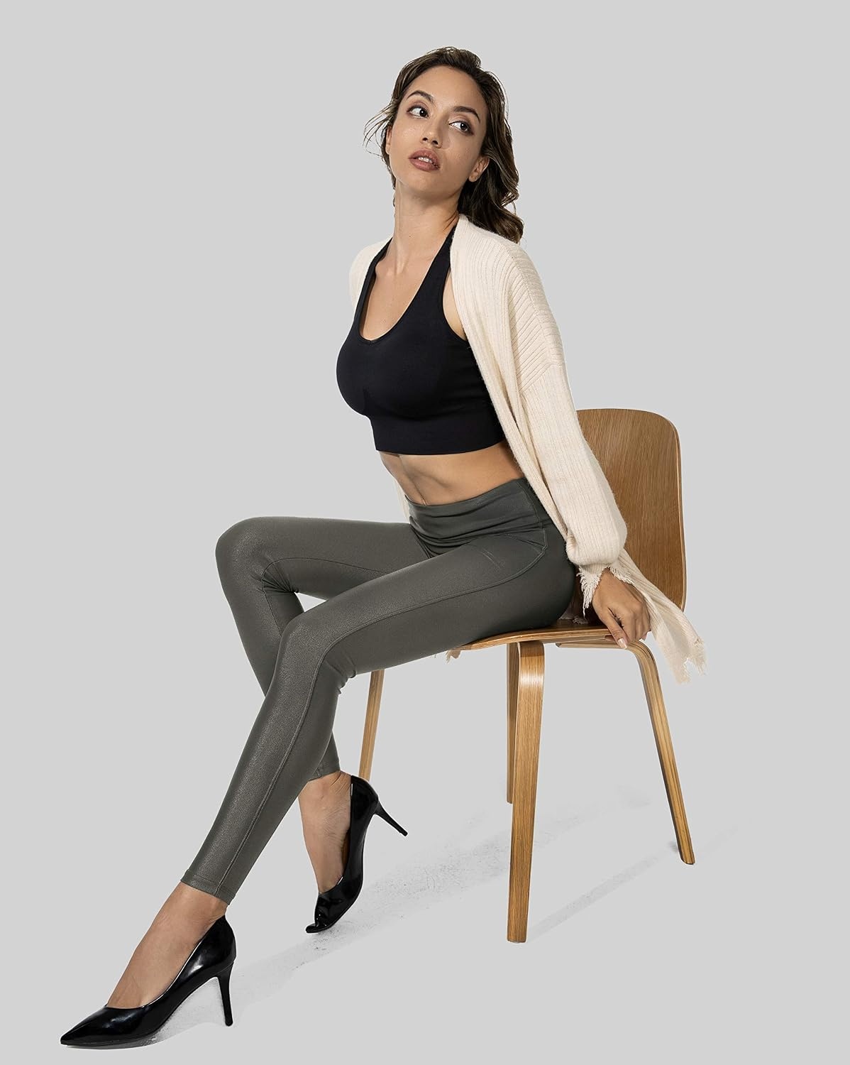 image:imageSANTINY Womens 25527 Faux Leather LeggingsOlive Green