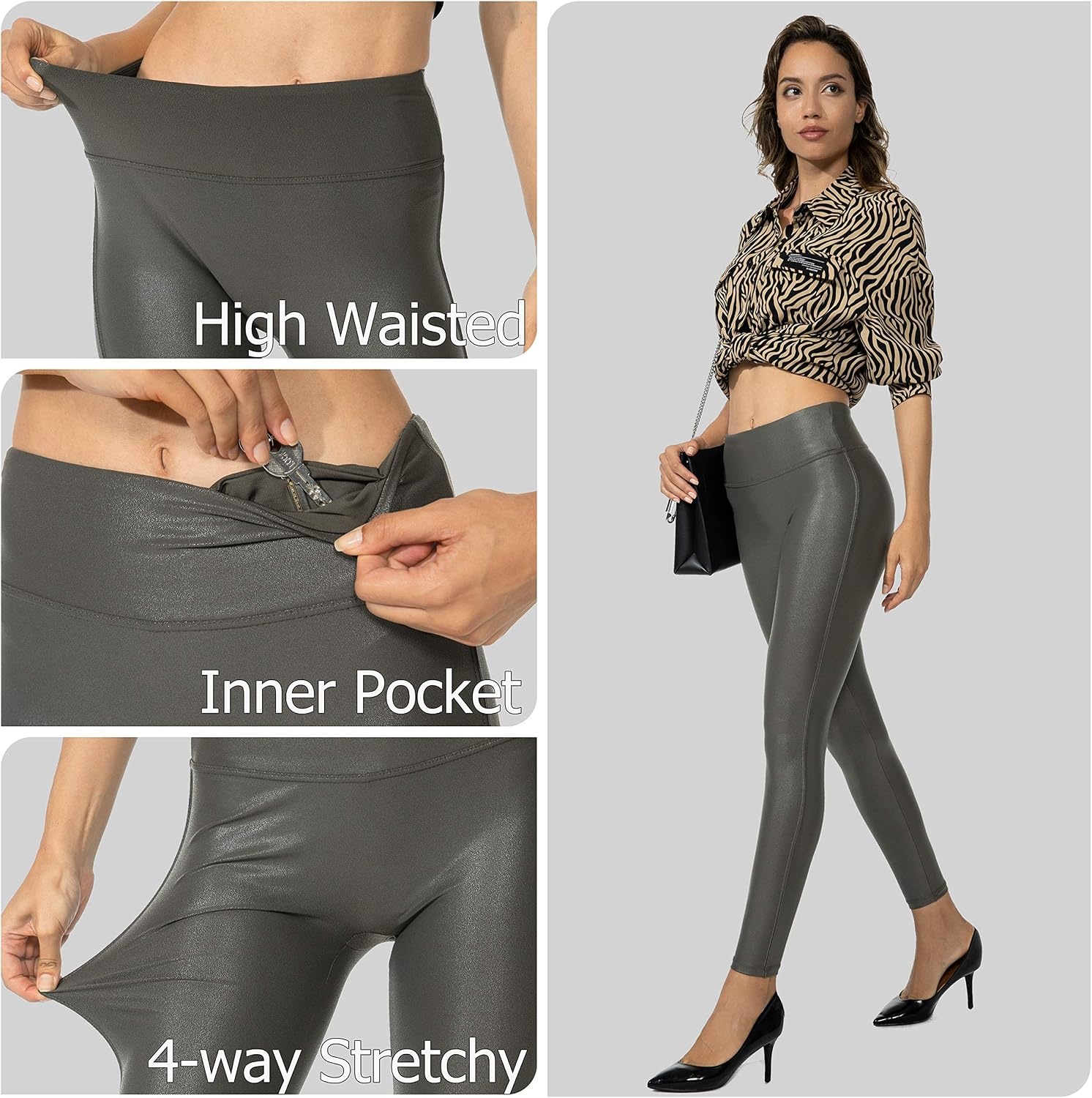 image:imageSANTINY Womens 25527 Faux Leather LeggingsOlive Green