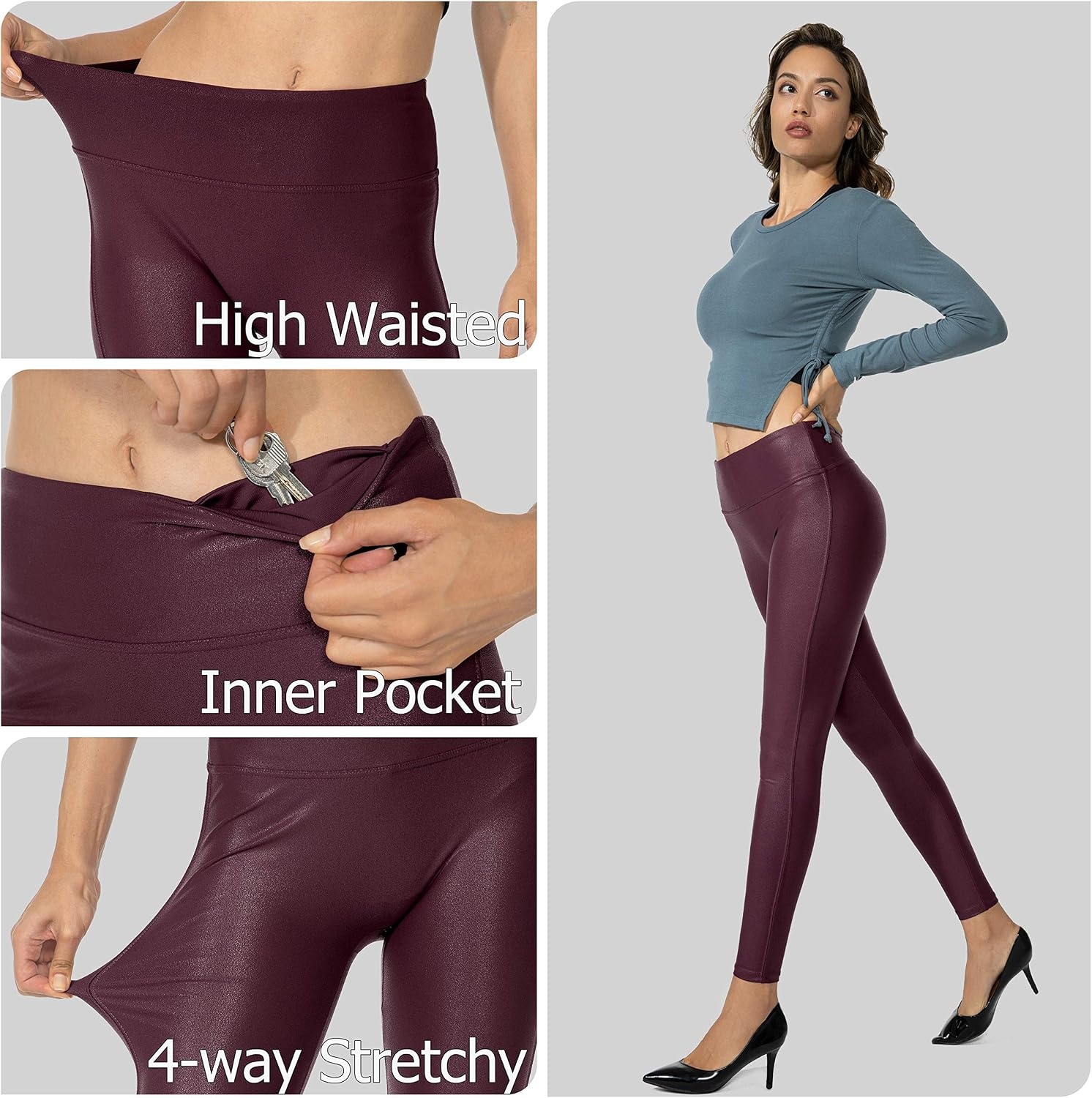 image:imageSANTINY Womens 25527 Faux Leather LeggingsWine Red