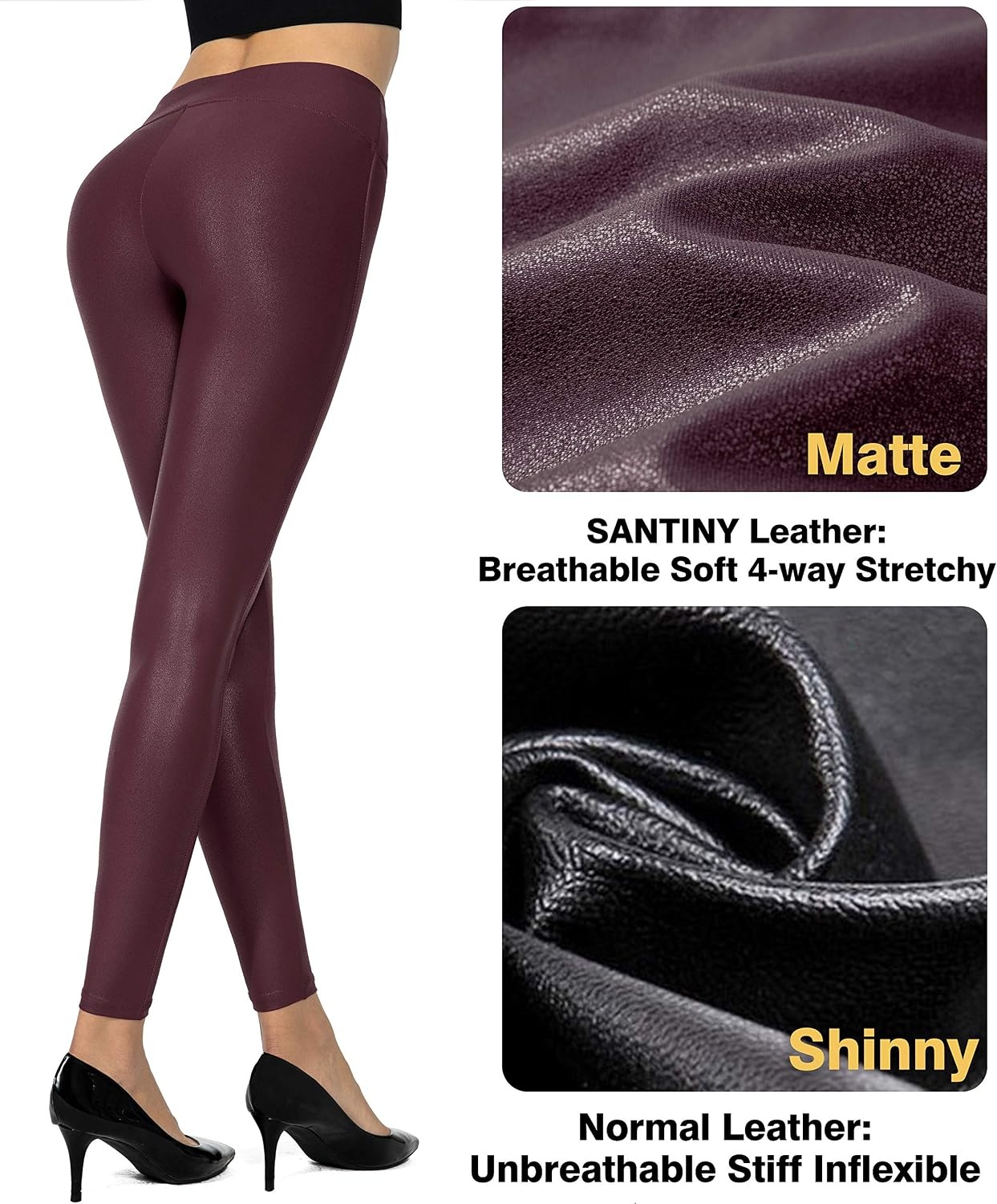 image:imageSANTINY Womens 25527 Faux Leather LeggingsWine Red