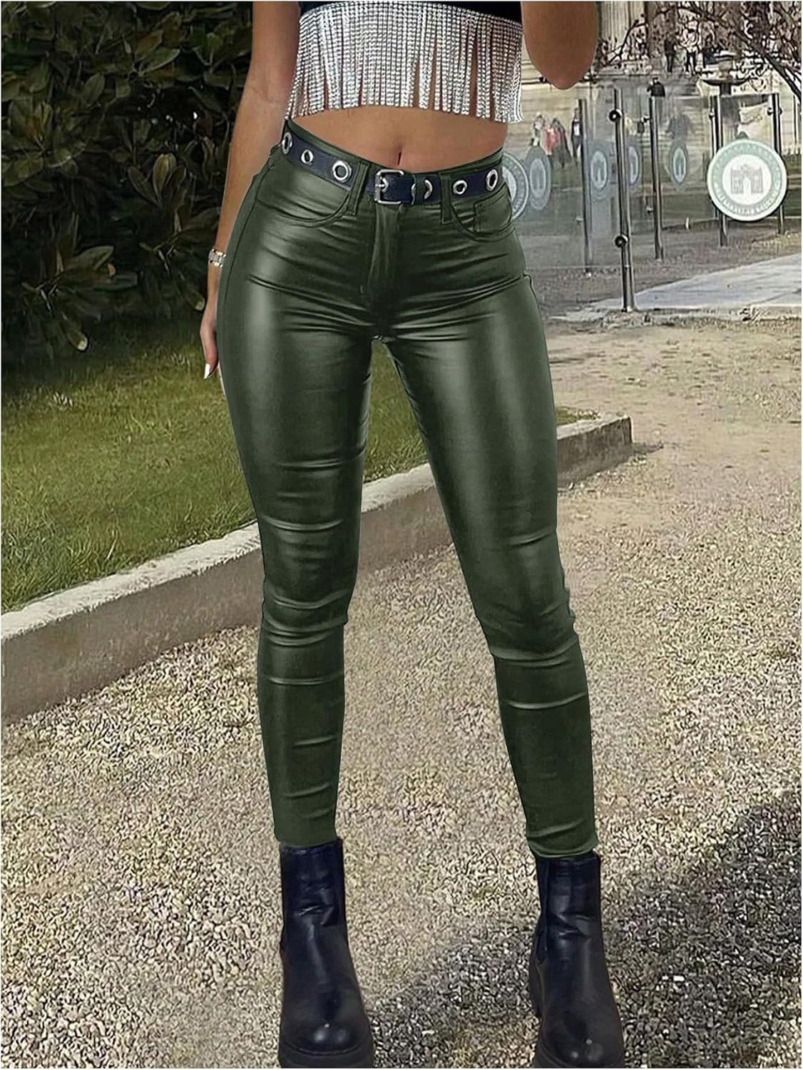 image:imageSHENHE Womens Faux Leather Pants Skinny Y2K Punk Leggings with PocketsArmy Green