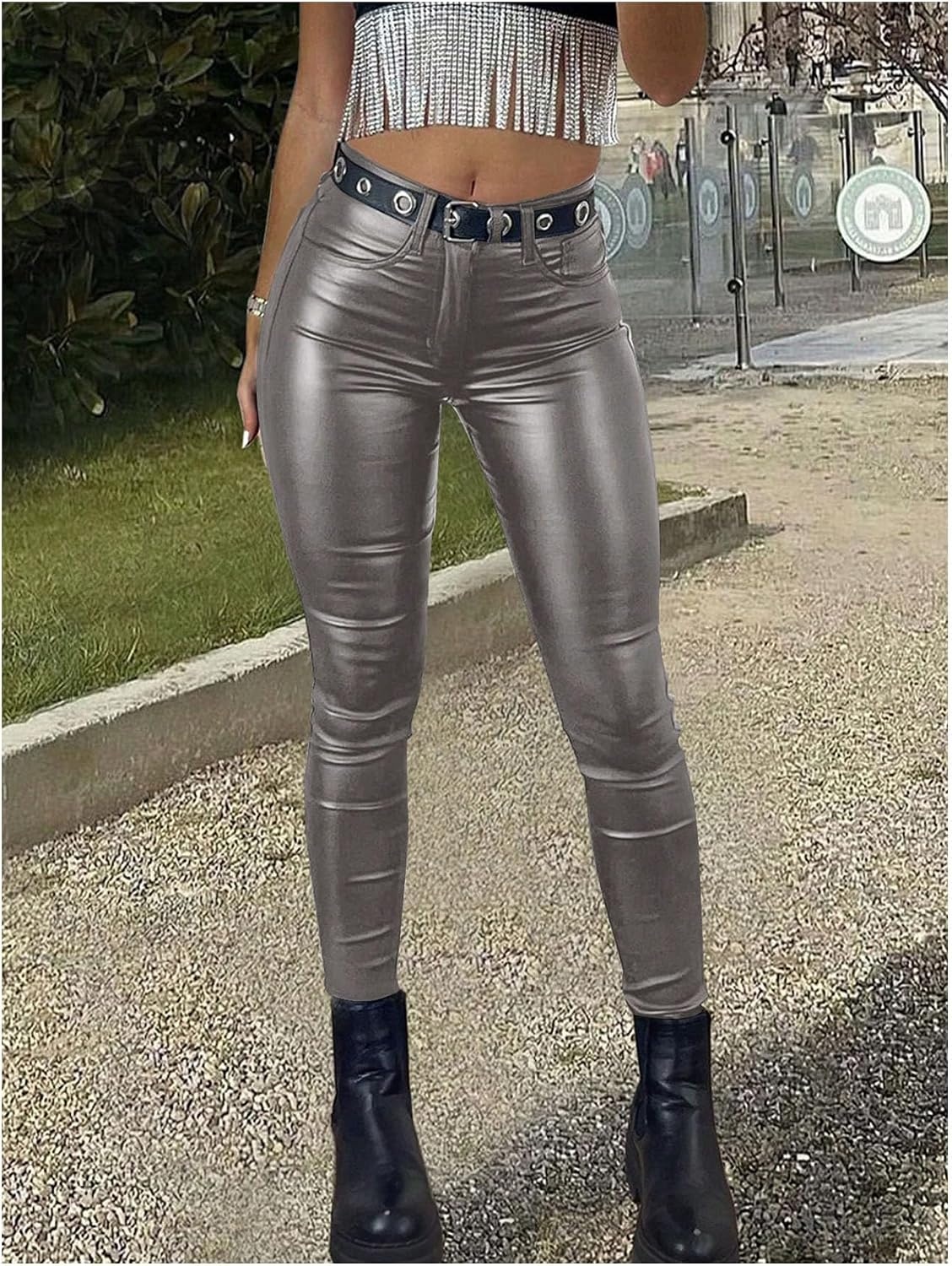 image:imageSHENHE Womens Faux Leather Pants Skinny Y2K Punk Leggings with PocketsDark Grey