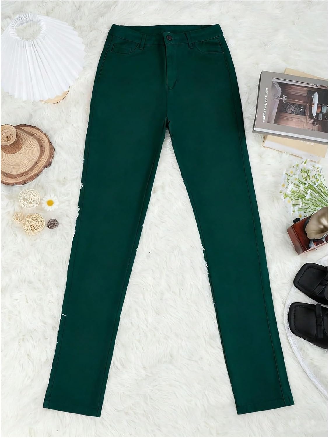 image:imageSHENHE Womens Faux Leather Pants Skinny Y2K Punk Leggings with PocketsFleeced Dark Green