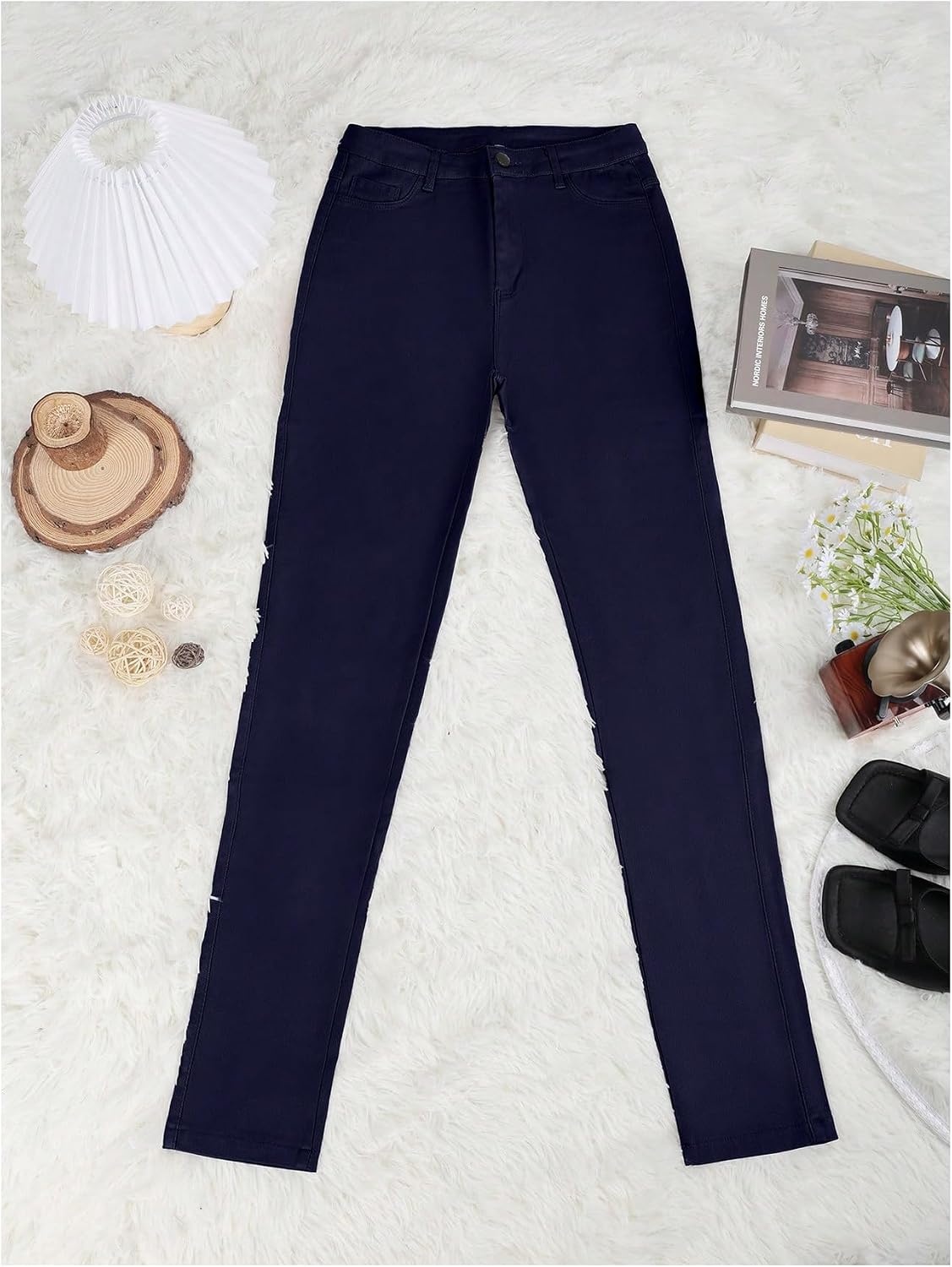 image:imageSHENHE Womens Faux Leather Pants Skinny Y2K Punk Leggings with PocketsFleeced Deep Blue