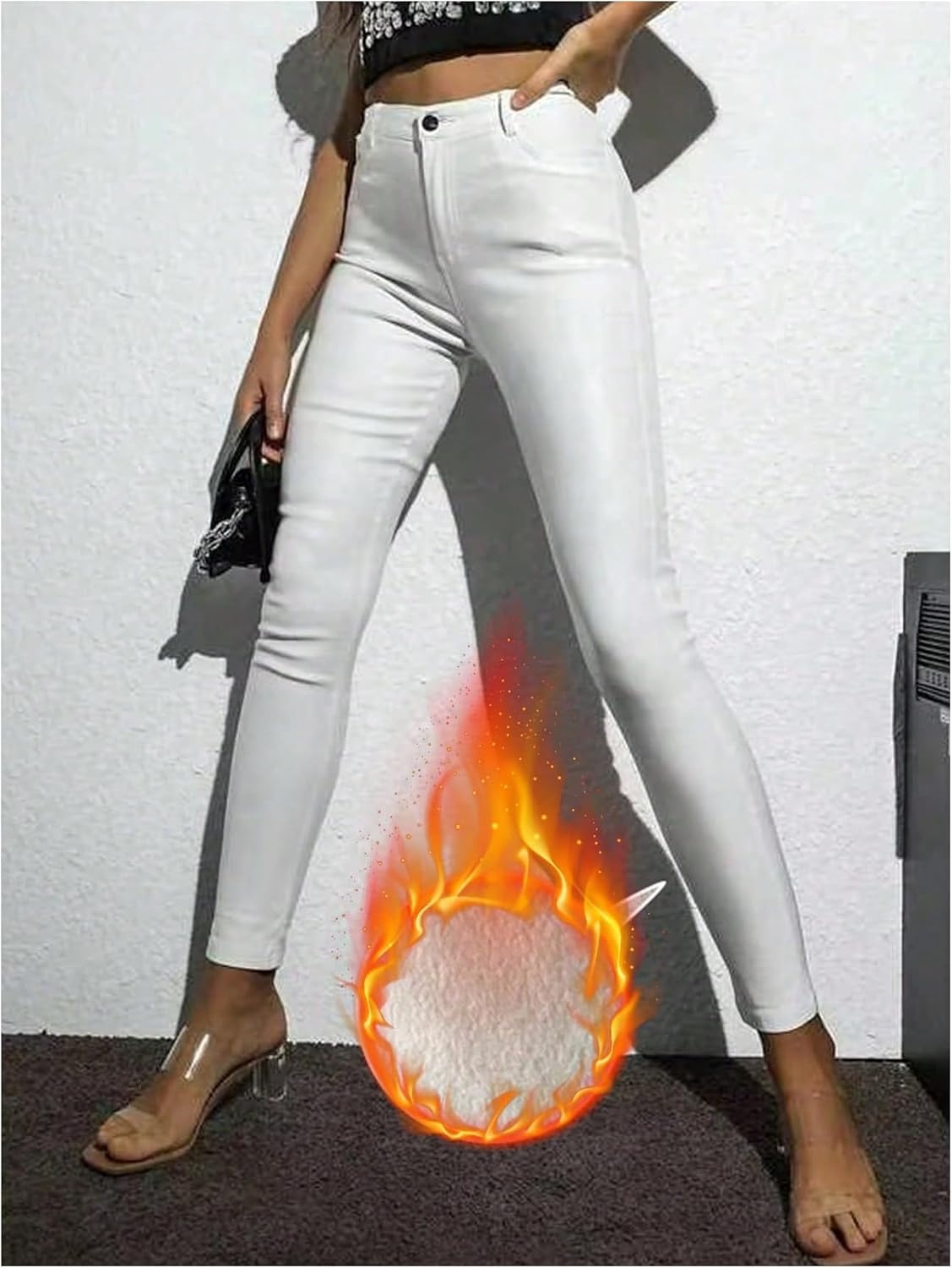 image:imageSHENHE Womens Faux Leather Pants Skinny Y2K Punk Leggings with PocketsFleeced White