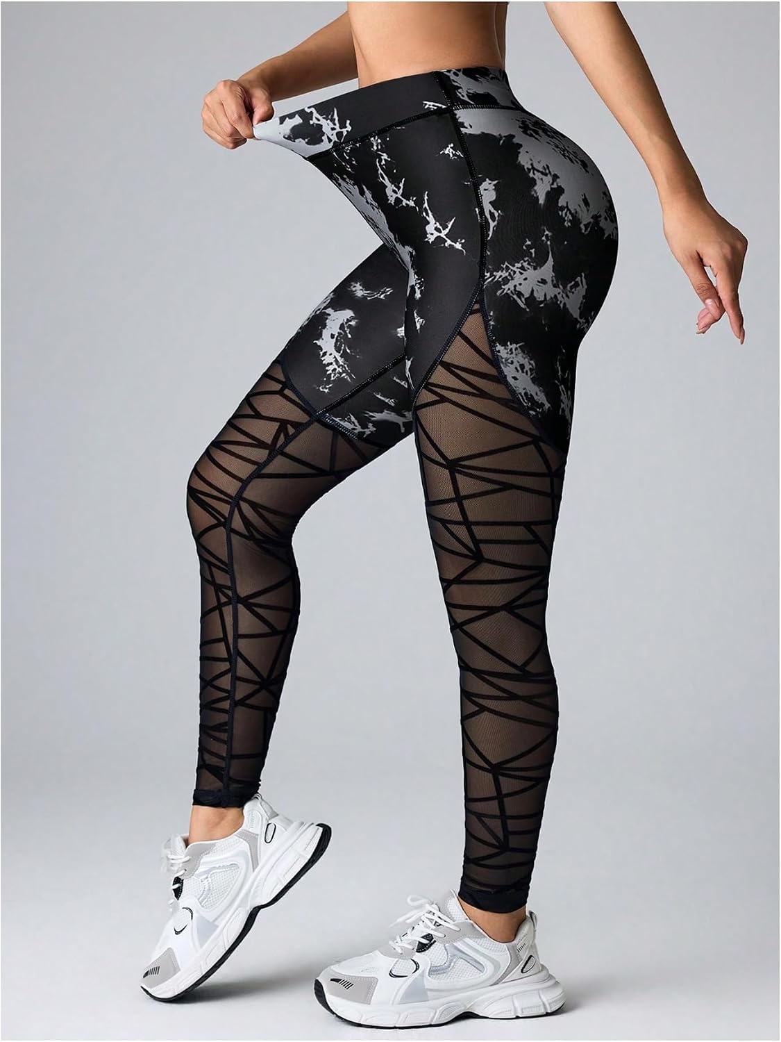image:imageSHENHE Womens High Waist Rhinestone Patchwork Mesh Elegant LeggingsTie Dye Black