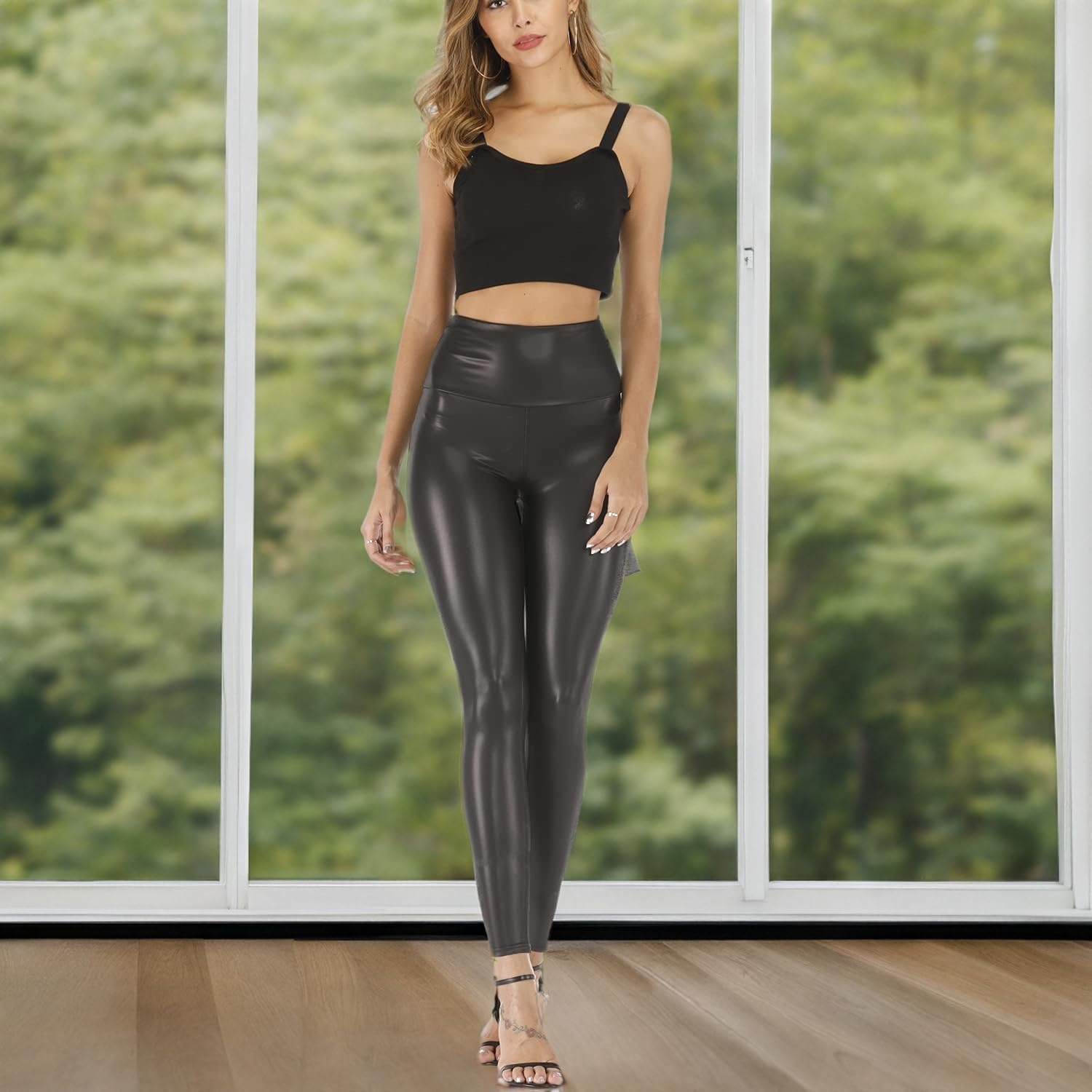 image:imageSghenr Womens Faux Leather Leggings Plus Size Girls High Waisted Stretch PU Leather Yoga Tight PantsBlack