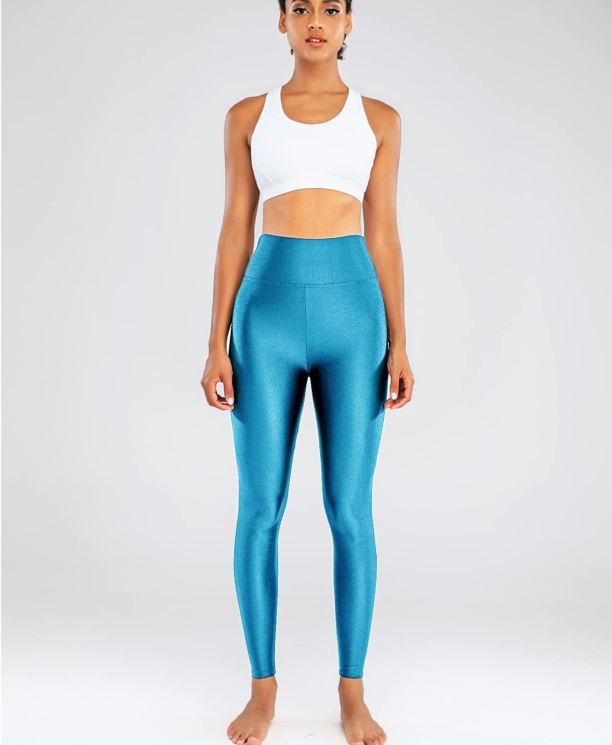 image:imageSghenr Womens High Waisted Yoga Pants Tummy Control Shiny Sports Tights Workout LeggingsBlue