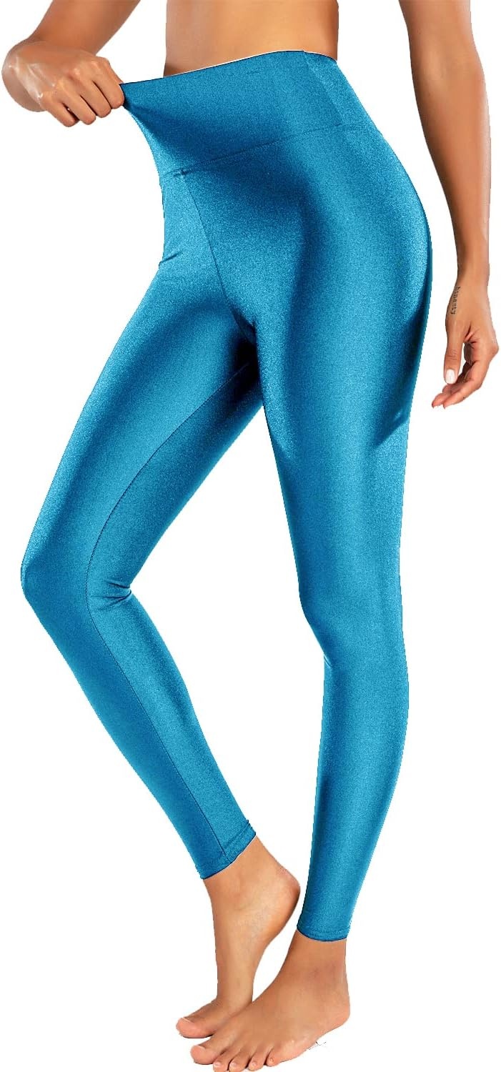 image:imageSghenr Womens High Waisted Yoga Pants Tummy Control Shiny Sports Tights Workout LeggingsBlue