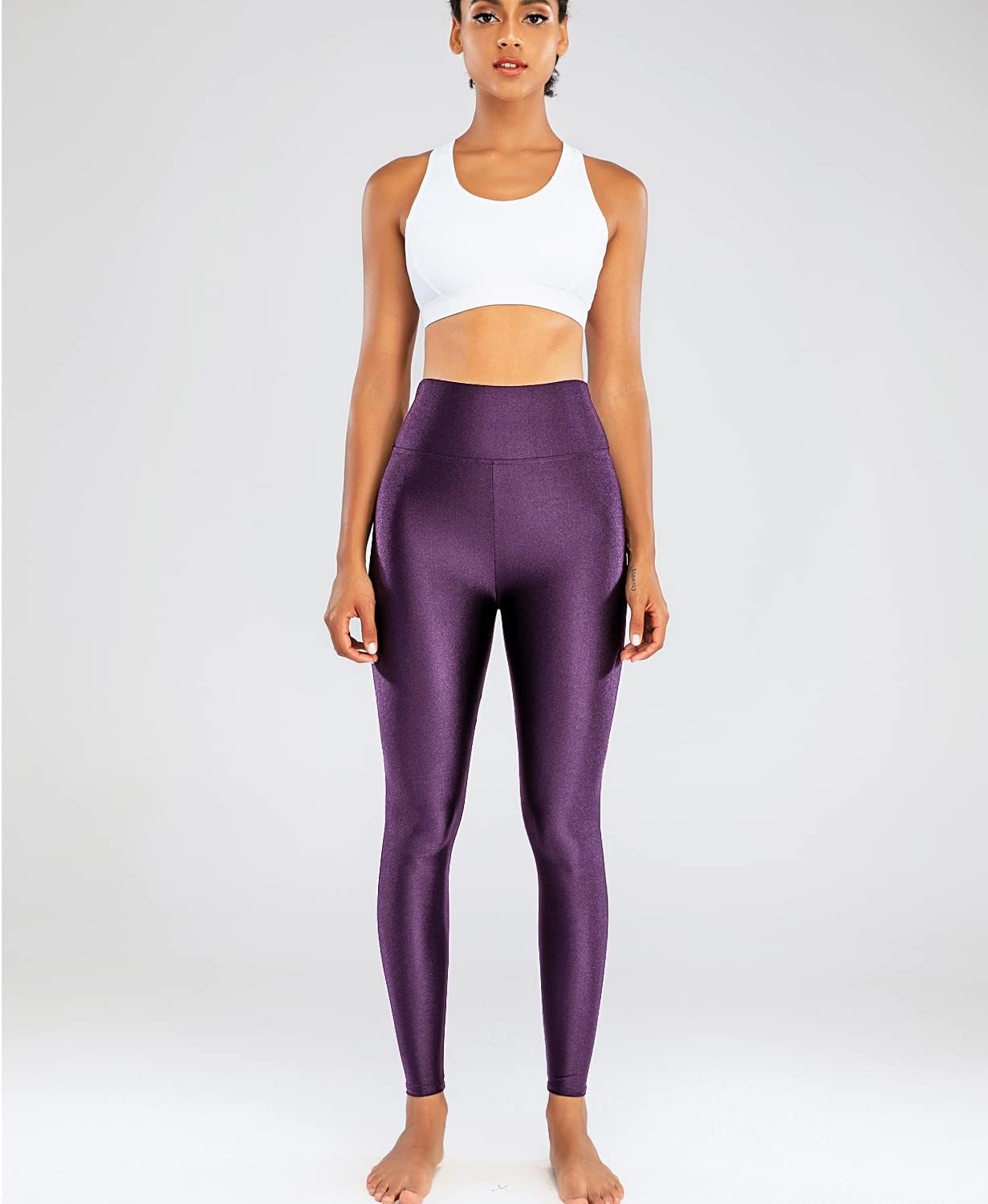 image:imageSghenr Womens High Waisted Yoga Pants Tummy Control Shiny Sports Tights Workout LeggingsPurple