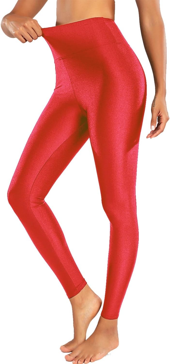 image:imageSghenr Womens High Waisted Yoga Pants Tummy Control Shiny Sports Tights Workout LeggingsRed