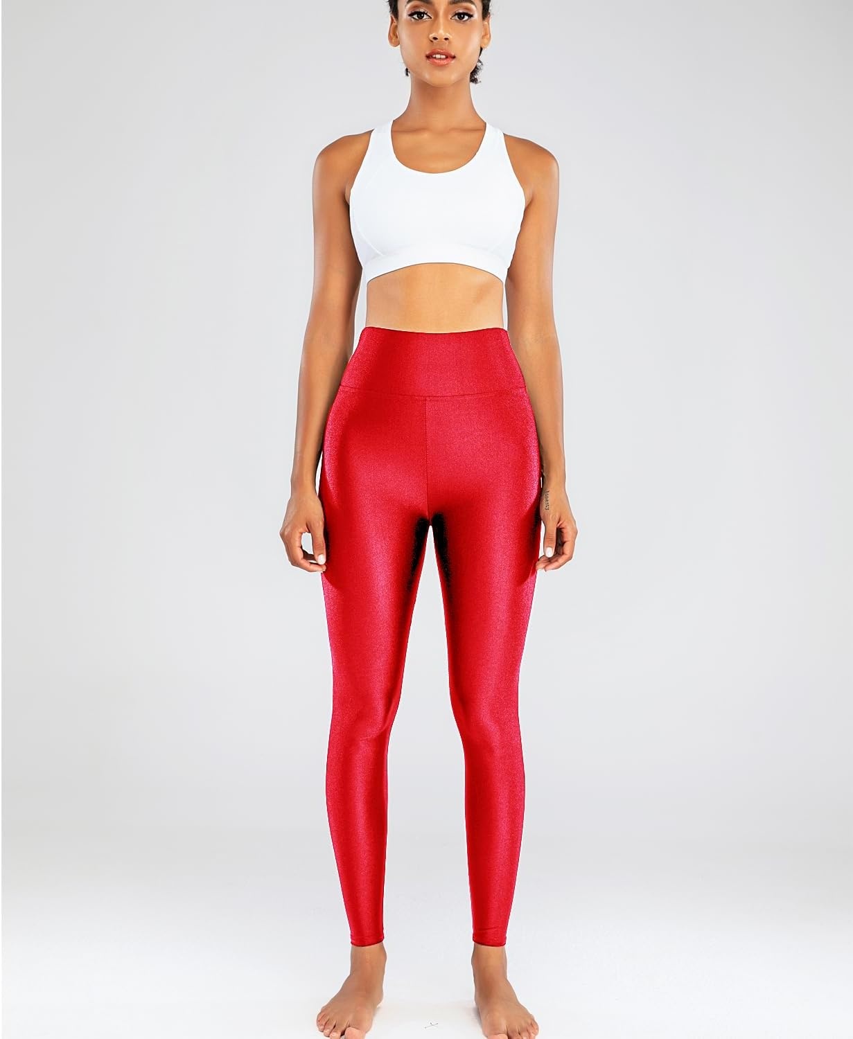 image:imageSghenr Womens High Waisted Yoga Pants Tummy Control Shiny Sports Tights Workout LeggingsRed