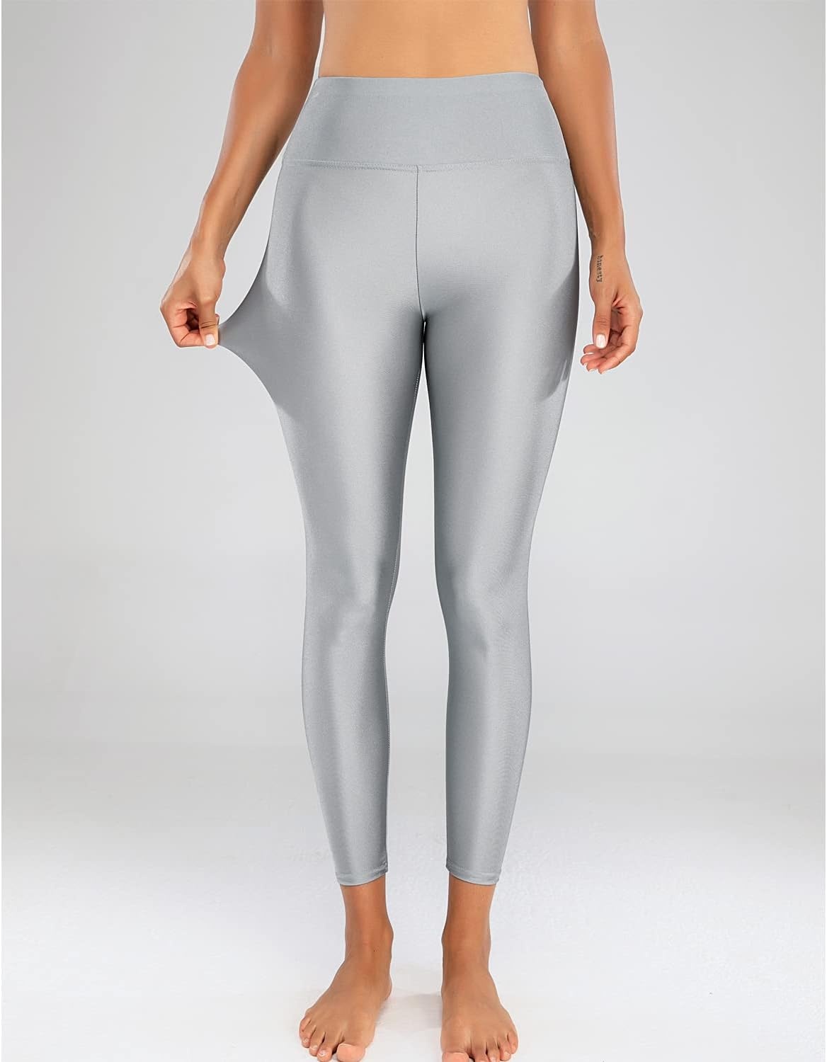 image:imageSghenr Womens High Waisted Yoga Pants Tummy Control Shiny Sports Tights Workout LeggingsSilver