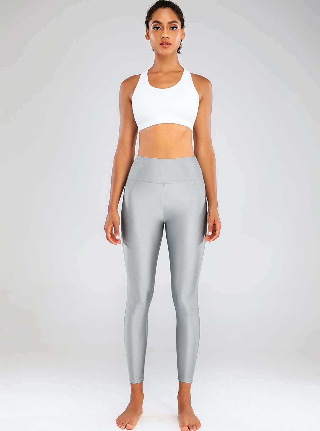 image:imageSghenr Womens High Waisted Yoga Pants Tummy Control Shiny Sports Tights Workout LeggingsSilver