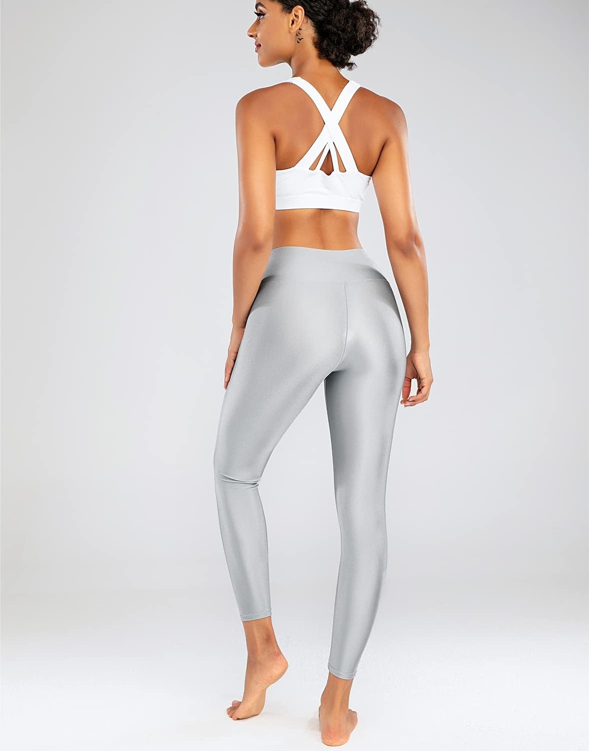 image:imageSghenr Womens High Waisted Yoga Pants Tummy Control Shiny Sports Tights Workout LeggingsSilver
