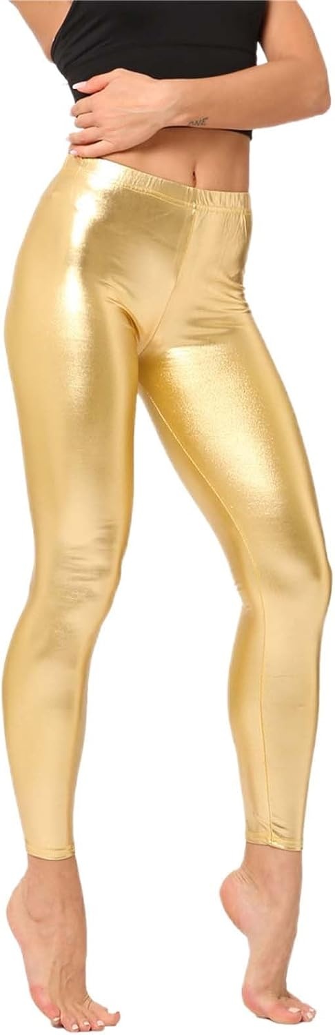 image:imageShiny Metallic High Waist Stretch Leggings Women Wet Look Faux Leather Legging Bright Candy Color TrousersA01 Rose Gold Silver