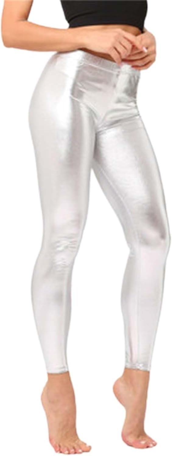 image:imageShiny Metallic High Waist Stretch Leggings Women Wet Look Faux Leather Legging Bright Candy Color TrousersA07 Silver Hot Pink