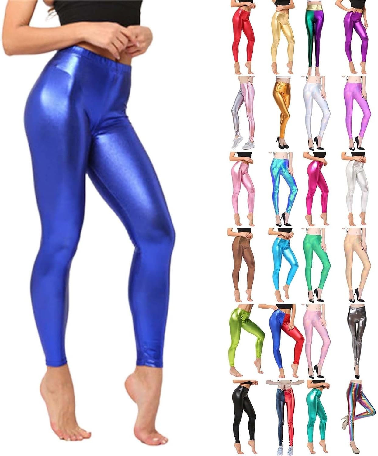 image:imageShiny Metallic High Waist Stretch Leggings Women Wet Look Faux Leather Legging Bright Candy Color TrousersZ10 Sky Blue Hot Pink