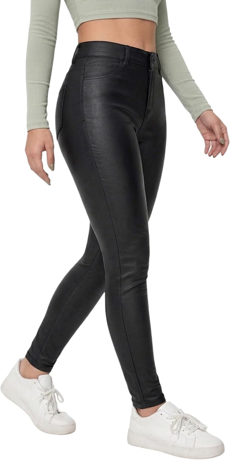 image:imageTHE LOVE BRAND Women Faux Leather Pants Black Mid Waist Skinny Leggings Leather Pants Trousers with PocketsBlack