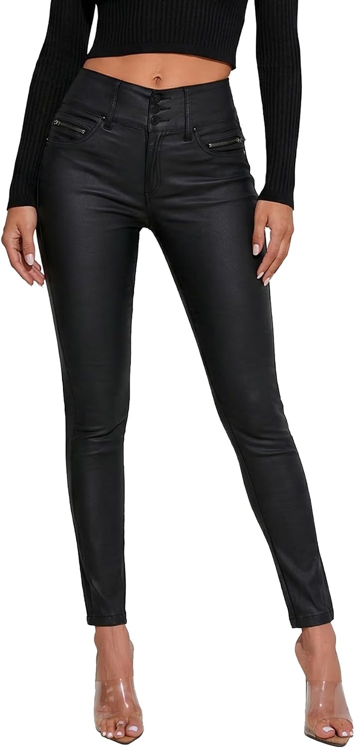 image:imageTHE LOVE BRAND Women Faux Leather Pants Black Skinny Leggings Leather Pants for Women Mid Waisted Stretchy LeggingsBlack