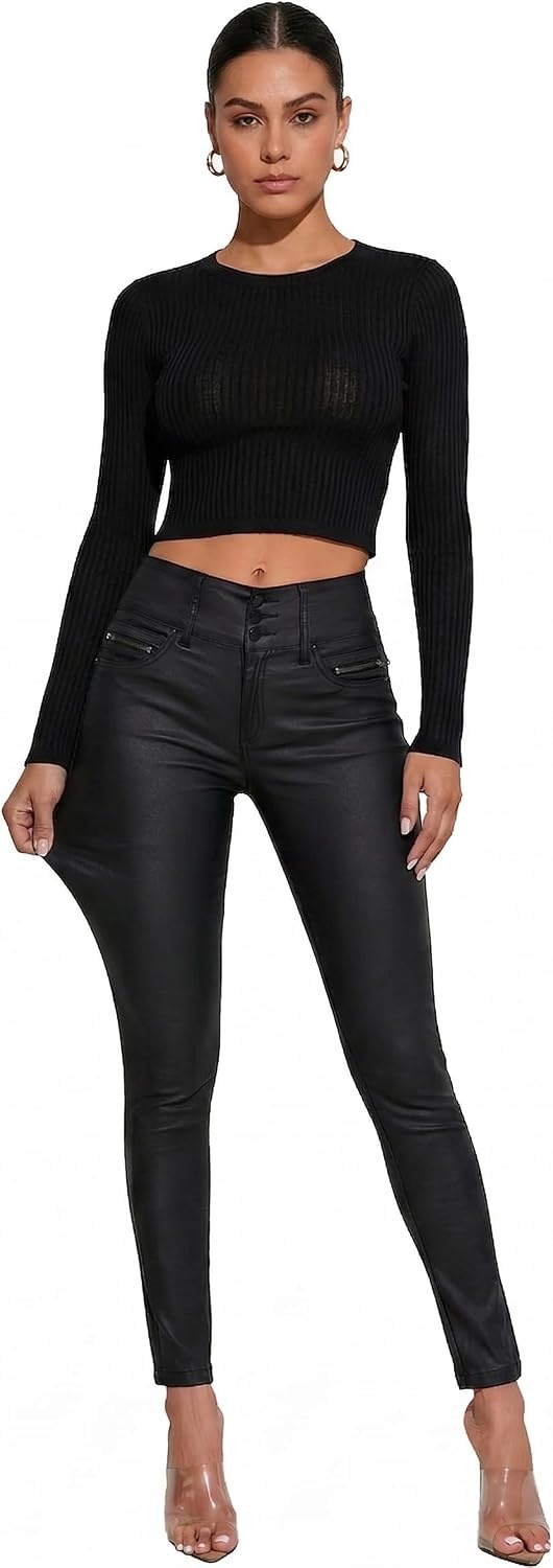image:imageTHE LOVE BRAND Women Faux Leather Pants Black Skinny Leggings Leather Pants for Women Mid Waisted Stretchy LeggingsBlack