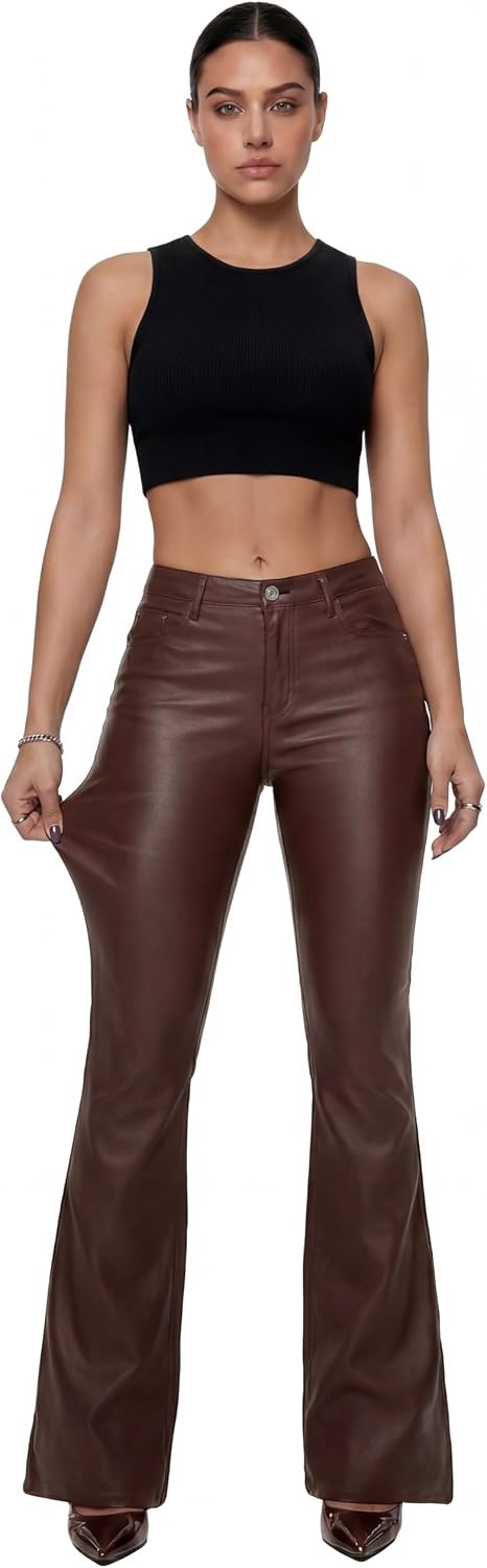image:imageTHE LOVE BRAND Womens Faux Leather Coated Flare Pants Mid Waist Black Leather Pants Black Skinny Leggings with PocketsChocolate