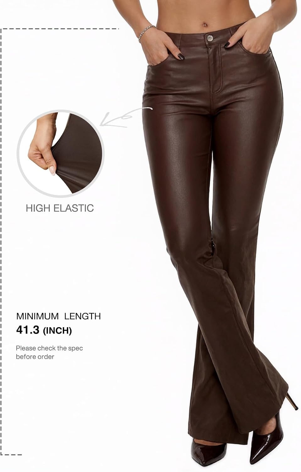 image:imageTHE LOVE BRAND Womens Faux Leather Coated Flare Pants Mid Waist Black Leather Pants Black Skinny Leggings with PocketsChocolate