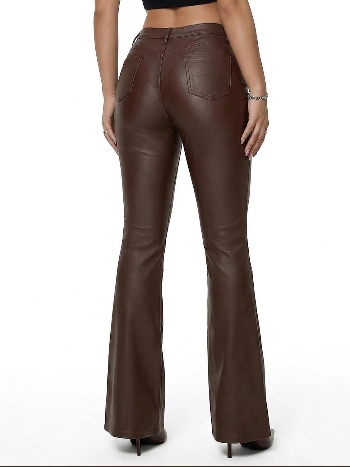 image:imageTHE LOVE BRAND Womens Faux Leather Coated Flare Pants Mid Waist Black Leather Pants Black Skinny Leggings with PocketsChocolate