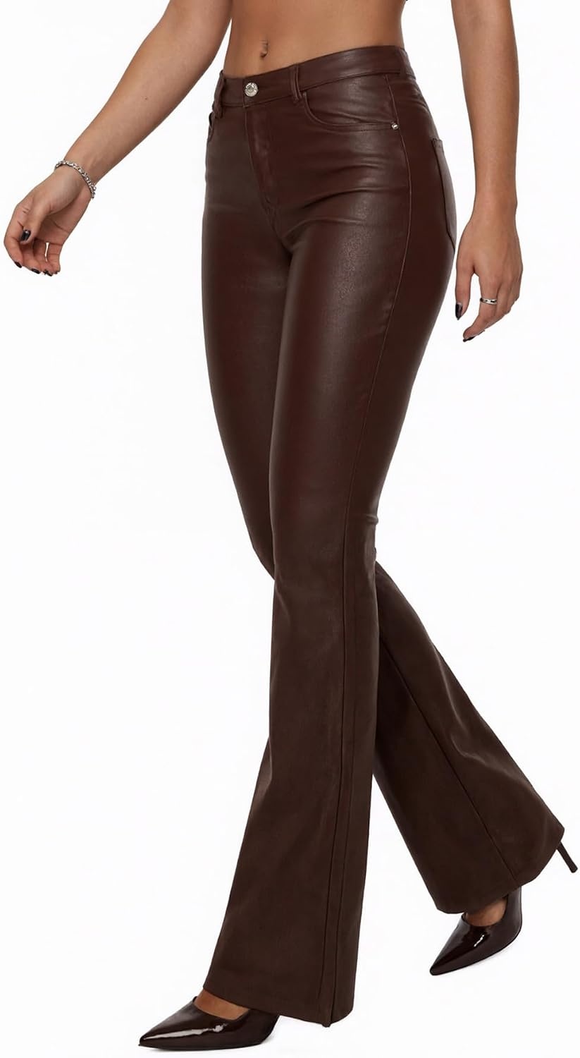 image:imageTHE LOVE BRAND Womens Faux Leather Coated Flare Pants Mid Waist Black Leather Pants Black Skinny Leggings with PocketsChocolate