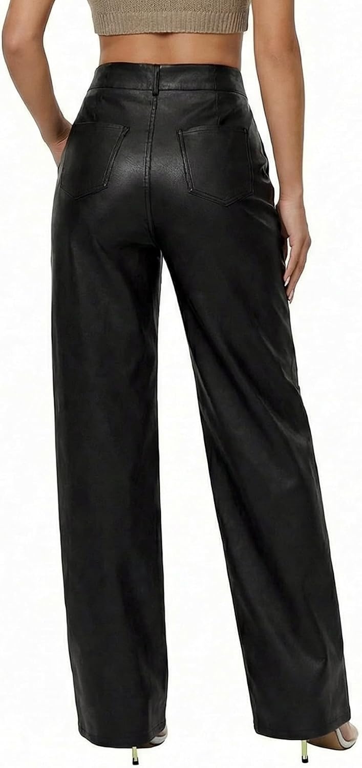image:imageTHE LOVE BRAND Womens Faux Leather Pants High Waisted Coated PU Straight Leg Black Leather Pants for Women TrendyBlack